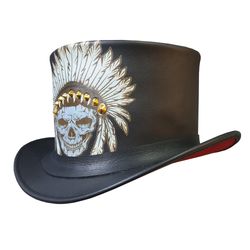 Native American Chief Skull Leather Top Hat