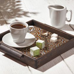 Small square wood coffee tray decorated with handpainted cermaic tiles