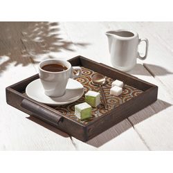 Small square wood coffee tray decorated with handpainted cermaic tiles
