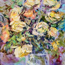 Yellow Roses Flower Bouquet Oil Painting Impasto Original Artist Svinar Oksana