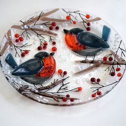 Dessert plates with bird - Fused glass hand painted plates for sweets