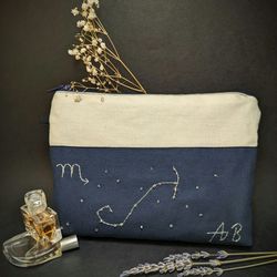 personalized zodiac zipper pouch, hand embroidered scorpio constellation makeup bag, custom astrology toiletry bag