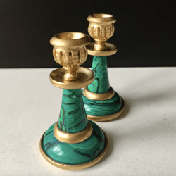 Russian metal candlestick set of two, vintage pair of candlesticks | made of typographic alloy, with stone malachit
