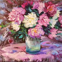 Peonies Glass Vase Wine Oil Painting Flower Impasto Original Artist Svinar Oksana