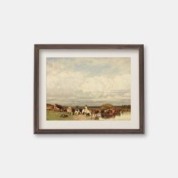 cows crossing a ford - vintage oil painting, 1836