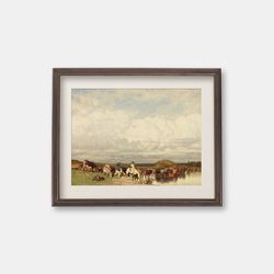 Cows Crossing a Ford - VIntage oil painting, 1836