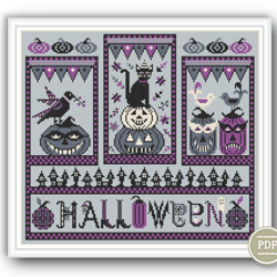 Halloween Triptych Cross Stitch Pattern Spooky Halloween Pumpkin Cat Crow PDF File Instant Download 232