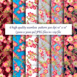 red flowers freesia seamless pattern watercolor