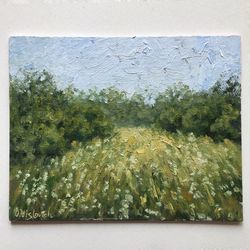 Original Painting Landscape 10x8 inch Oil Painting Neutral Artwork Living Room Horizontal Meadow Wall Art