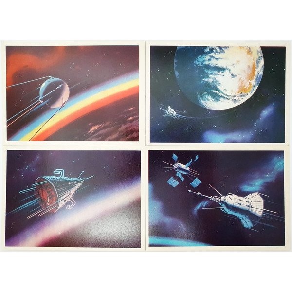 4 Vintage USSR Space Art postcards full set STEPS TO SPACE 32 pcs V. Viktorov 1971.jpg