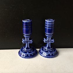 Set of Two (2) Blue Stoneware Candlestick Candleholders | Made in Russia