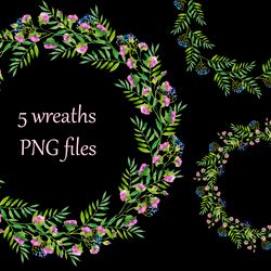 5 watercolor wreaths with summer flowers and herbs
