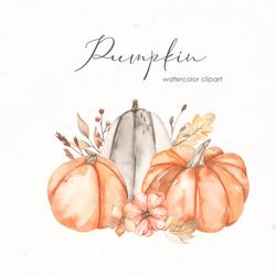 Pumpkins watercolor clipart with orange pumpkins, autumn leaves, flowers, berries, foliage