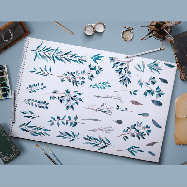 Hand-painted watercolor leaves collection