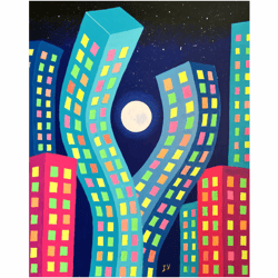 whimsical painting moon original art fairytale artwork colorful houses art fantasy city painting by artroom22