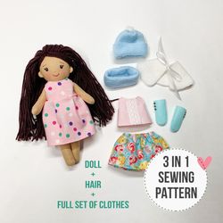 3 in 1 sewing pattern: Cloth doll with the set of  clothes sewing pattern, DIY doll with clothes set, Rag doll tutorial