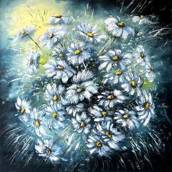 Daisy Painting Flowers Original Artwork Floral Wall Art 16 by16 inch by AnaskoArt