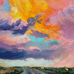 cloud original oil painting skyscape wall art sunset artwork cloudscape impasto palette khife art landscape 10"x10"