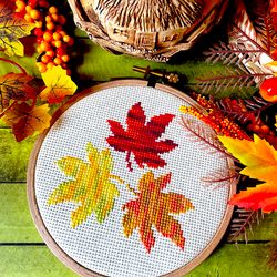 cross stitch pattern pdf variegated autumn maple leaves trio by crossstitchingforfun