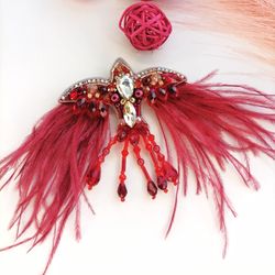 phoenix brooch, bird brooch, beaded brooch, red brooch, lapel brooch, phoenix jewelry, brooch