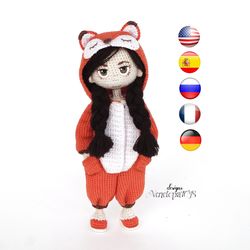 Crochet Pattern Amigurumi Doll in Kigurumi Costume, doll in removable clothes, crochet doll tutorial pdf