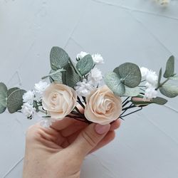 Sage green eucalyptus wedding hair pins Light peach roses bridal hairpiece Rustic wedding headpiece Babys breath flower