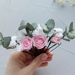 Sage green wedding eucalyptus hair piece pink rose hair pins flower hair clip for bride