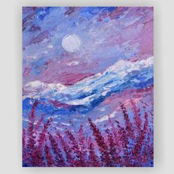 Lavender painting Mountain wall art Landscape Original artwork Moonlit night art 10 by 12 inch