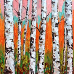 Birch Tree Painting Birch Grove Original Artwork Birch Trees Fall Landscape Small Oil Painting on Canvas by 12x12 inch