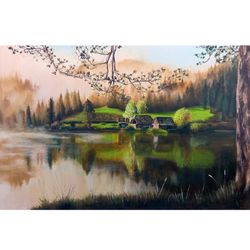 alps painting landscape alps art original painting lake artwork pine forest wall art lake alps painting 23" by 35"