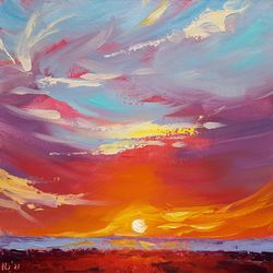 Skyscape original oil painting Sunset cloud wall art Cloudscape artwork impasto palette khife art Landscape 10"x10"