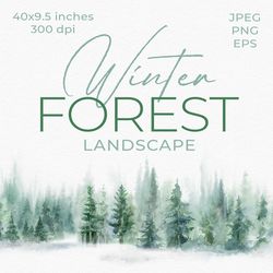 Watercolor Forest Horizontal landscapes Digital Clip Art. Watercolor Winter Forest Tree Clipart, Christmas forest