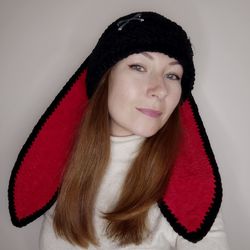 Black bunny beanie crochet Goth bunny hat with long ears Fluffy bunny hat adult Plush bunny beanie cochet