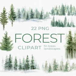 Watercolor Forest landscapes digital Clipart. Watercolor Winter forest tree clipart