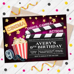 Movie Party Invitation, Printable Movie Invitation, Personalized Movie Night Birthday Invitation,  Movie Birthday Party