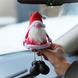 Christmas gnome. Hanging Santa gnome. Car mirror decor. Christmas car accessories and tree ornament.  Car charm.