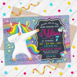 Unicorn Invitation,  Dabbing Unicorn Birthday Invitation, Dance Party Invitation, Rainbow Unicorn Birthday Party Invite