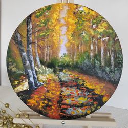 Forest Path Painting Round Autumn Landscape Oil Original Art Wall art Artwork 16" by 16" by KArtYulia