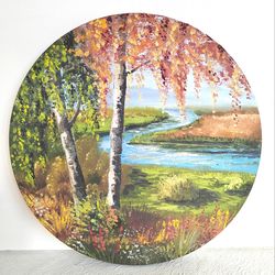 river in the forest painting  oil autumn landscape round wall art original art artwork 16" by 16" by kartyulia