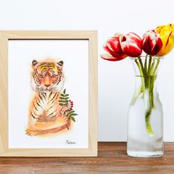 poster for child room, tiger with a branch of rowan, watercolor animal