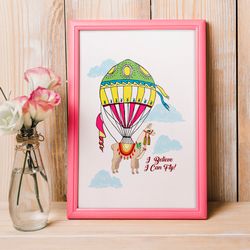 Poster for Child Room, Llama with Air Balloon, Funny Animal