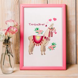 Poster for Child Room, Llama with Flowers and Hearts, Funny Animal