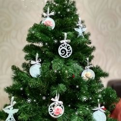 Set of 9 wooden Christmas tree ornaments in blue color with 3D flowers and dot painting Angel ornament Christmas gift