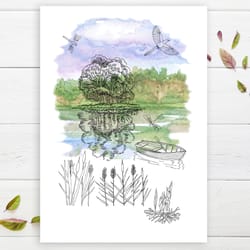 touristic poster trip at the lake with boat, bird, trees, dragonfly