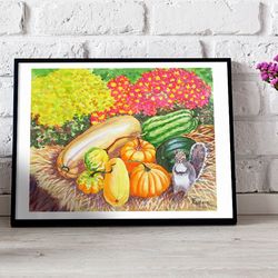 Poster Squirrel and Pumpkins Watercolor Flowers for Gift