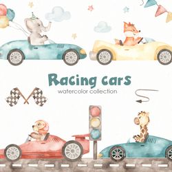 Racing cars watercolor clipart with racing cars, cute animal drivers (bear, fox, elephant, giraffe), finish flag, road