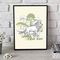 Poster for Child Room, Lion with Trees, Funny Animal