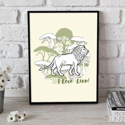 poster for child room, lion with trees, funny animal