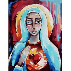 Virgin Mary Painting Our Lady Original Art Christian Artwork Religious Wall Art 14 by 11 inch ARTbyAnnaSt