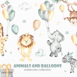 Animals and balloons watercolor clipart. Zebra, lion, elephants, giraffe, monkey, balloons, caps, crown, clouds, gifts